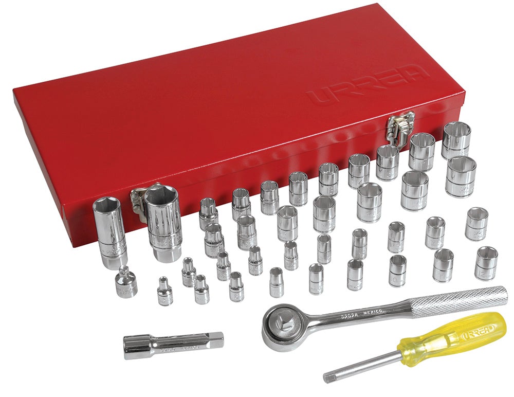 JUEGO DE DADOS Y ACCESORIOS CUADRO DE 1/4" Y 3/8" COMBINADO, 41 PIEZAS URREA