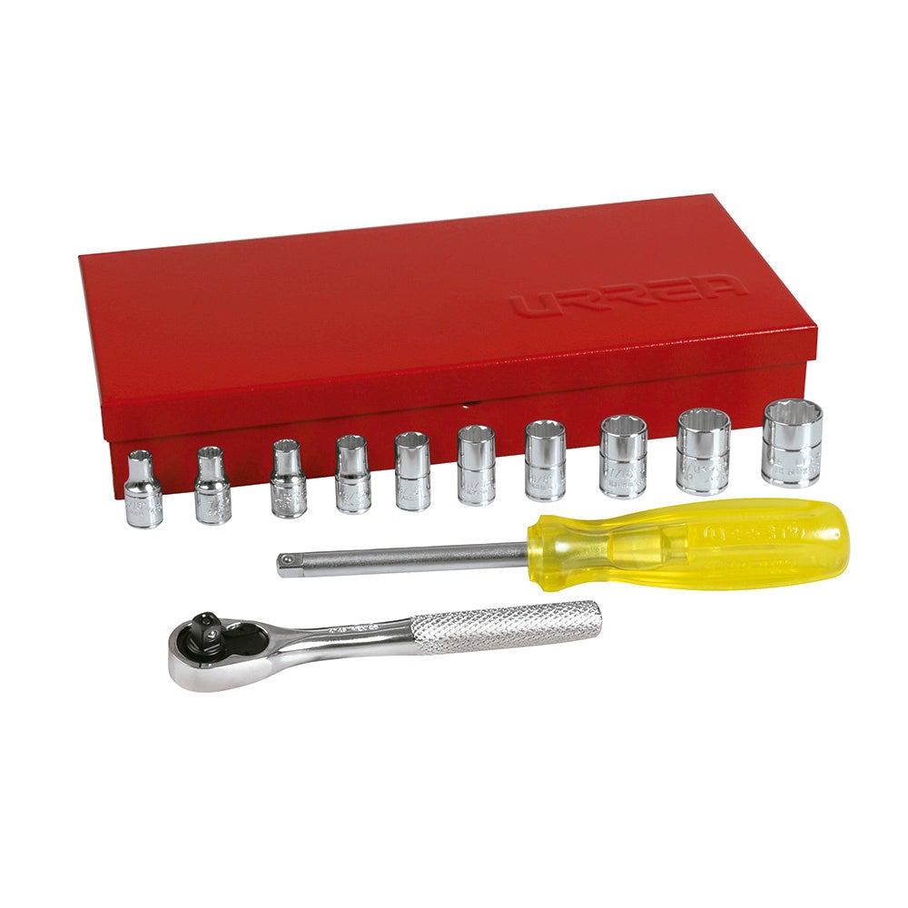 JUEGO DE DADOS Y ACCESORIOS CUADRO DE 1/4" EN PULGADAS, 13 PIEZAS URREA