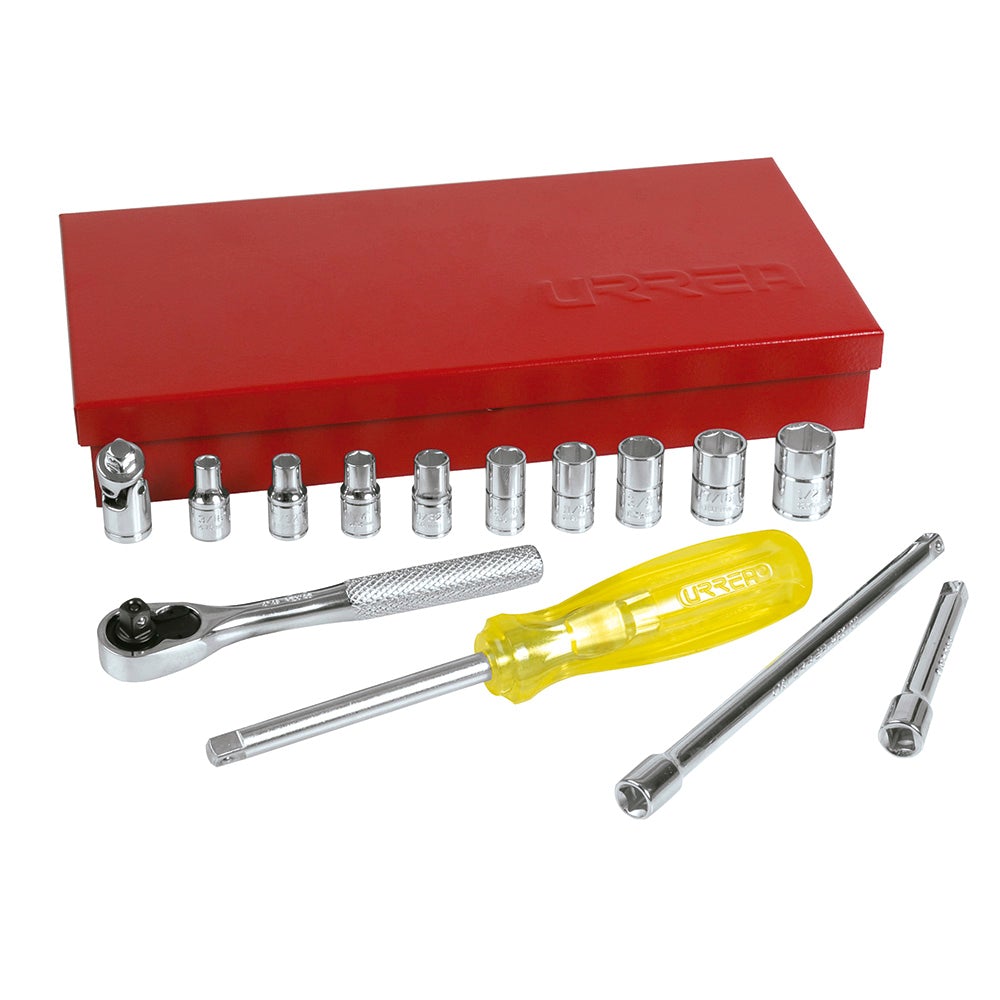 JUEGO DE DADOS Y ACCESORIOS CUADRO DE 1/4" EN PULGADAS, 16 PIEZAS URREA