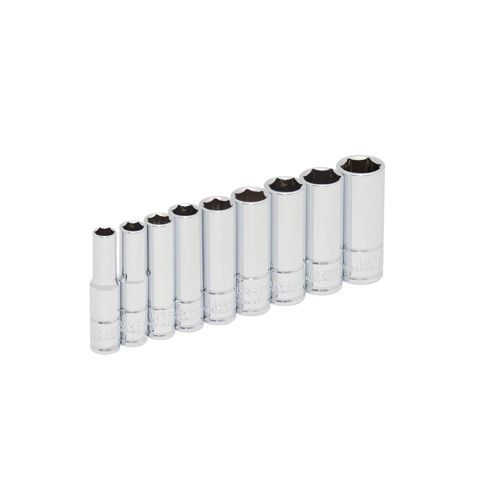 JUEGO DE 9 DADOS LARGOS MÉTRICOS CUADRO DE 1/4", 6 PUNTAS, EN RIEL URREA