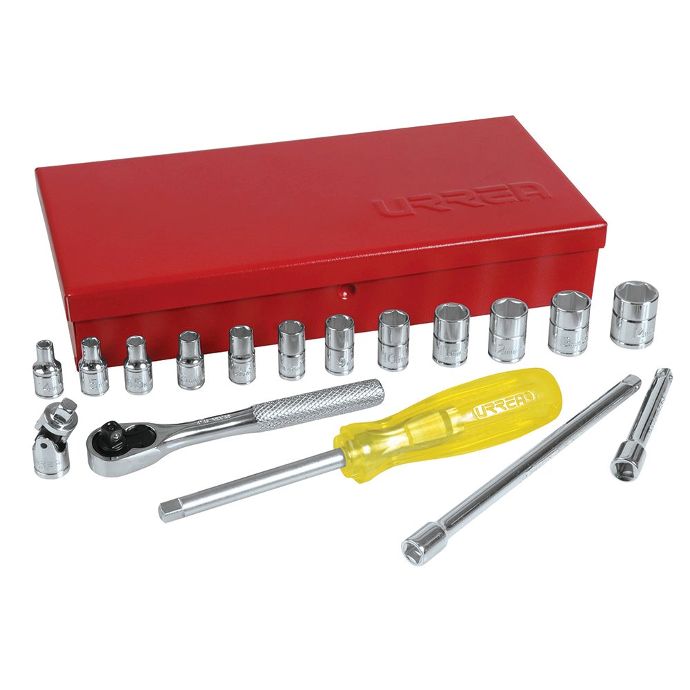 JUEGO DE DADOS Y ACCESORIOS CUADRO DE 1/4" MÉTRICO, 18 PIEZAS URREA