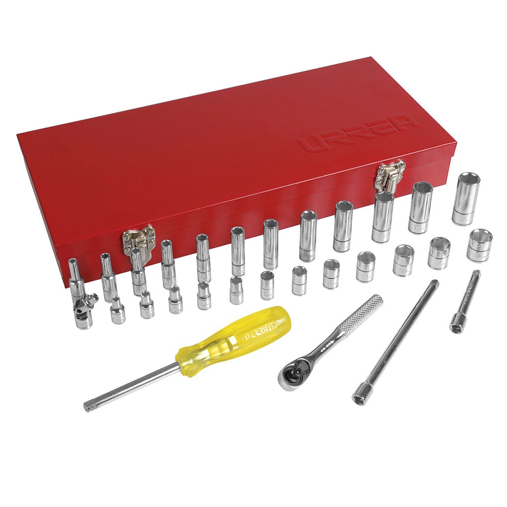 JUEGO DE DADOS Y ACCESORIOS CUADRO DE 1/4" MÉTRICO, 30 PIEZAS URREA