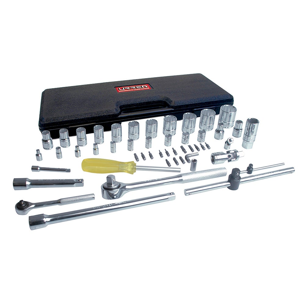 JUEGO DE DADOS Y ACCESORIOS CUADRO DE 1/4" Y 1/2" EN PULGADAS, 50 PIEZAS URREA