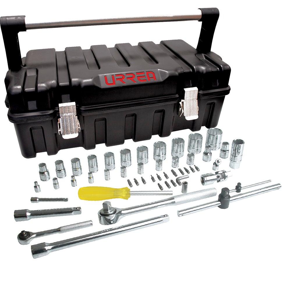 JUEGO DE DADOS Y ACCESORIOS CUADRO DE 1/4" Y 1/2" EN PULGADAS, 51 PIEZAS URREA