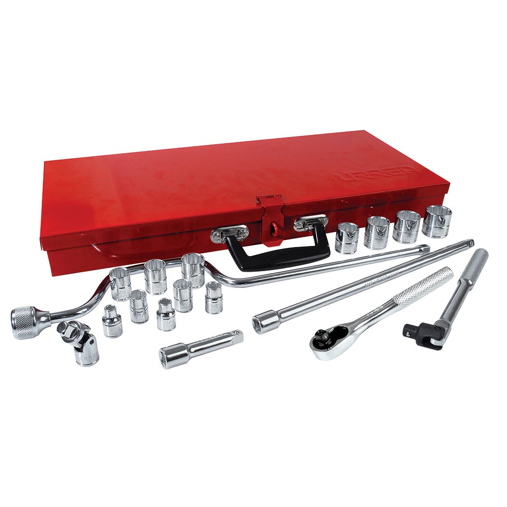 JUEGO DE DADOS Y ACCESORIOS CUADRO DE 3/8" EN PULGADAS, 19 PIEZAS URREA