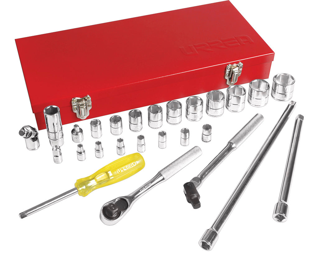 JUEGO DE DADOS Y ACCESORIOS CUADRO DE 1/4" Y 3/8" EN PULGADAS, 27 PIEZAS URREA