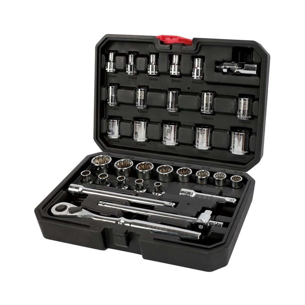 JUEGO DE DADOS Y ACCESORIOS CUADRO DE 3/8" COMBINADO, 33 PIEZAS URREA
