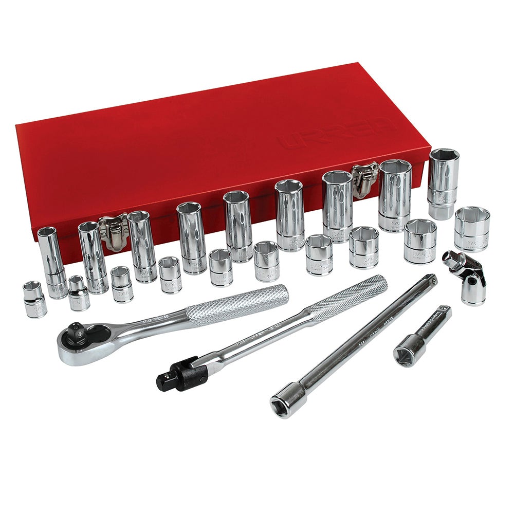 JUEGO DE DADOS Y ACCESORIOS CUADRO DE 3/8" EN PULGADAS, 25 PIEZAS URREA