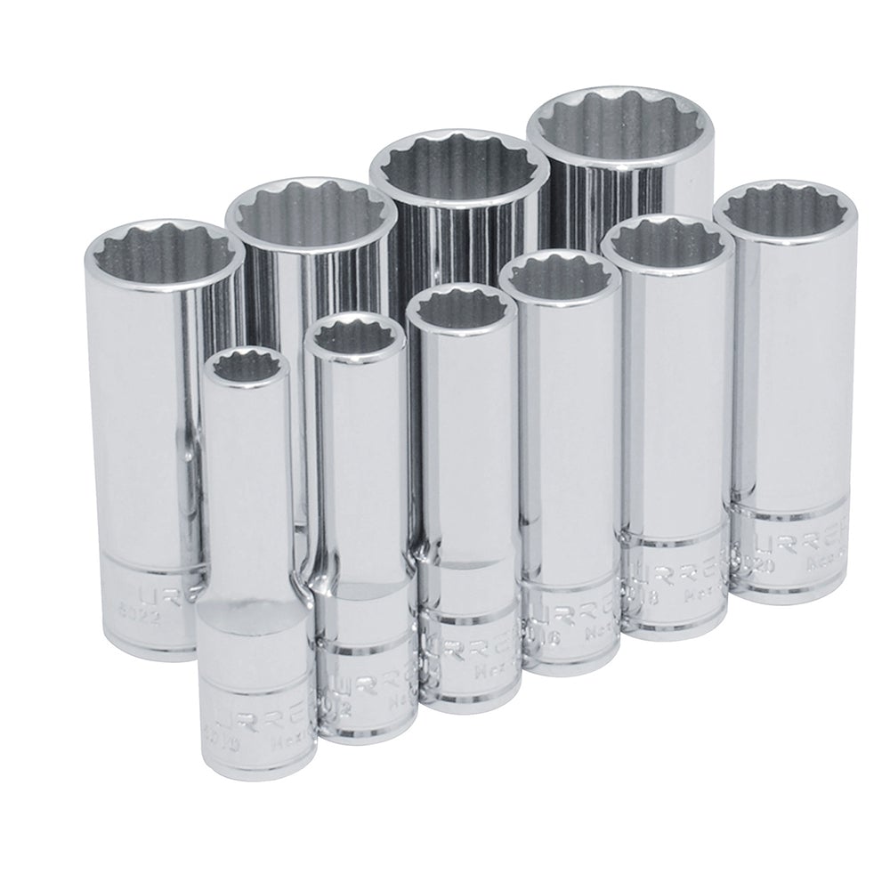 JUEGO DE 10 DADOS LARGOS EN PULGADAS CUADRO DE 3/8", 12 PUNTAS, EN RIEL URREA