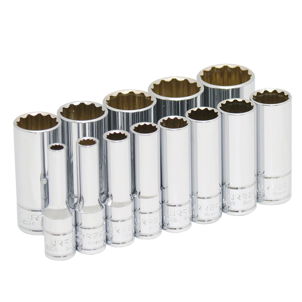 JUEGO DE 13 DADOS LARGOS EN PULGADAS CUADRO DE 3/8", 12 PUNTAS, EN RIEL URREA