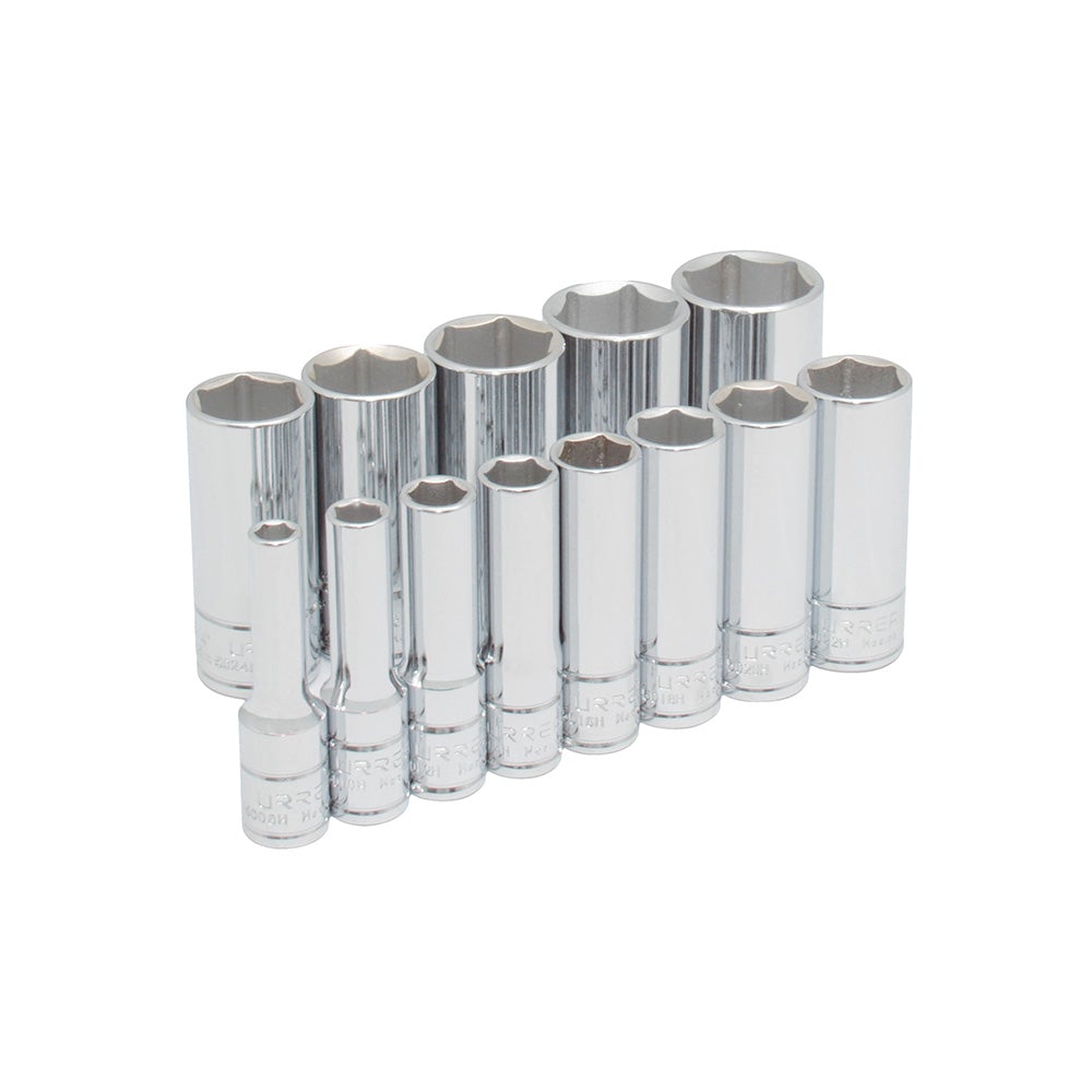 JUEGO DE 13 DADOS LARGOS EN PULGADAS CUADRO DE 3/8", 6 PUNTAS, EN RIEL URREA