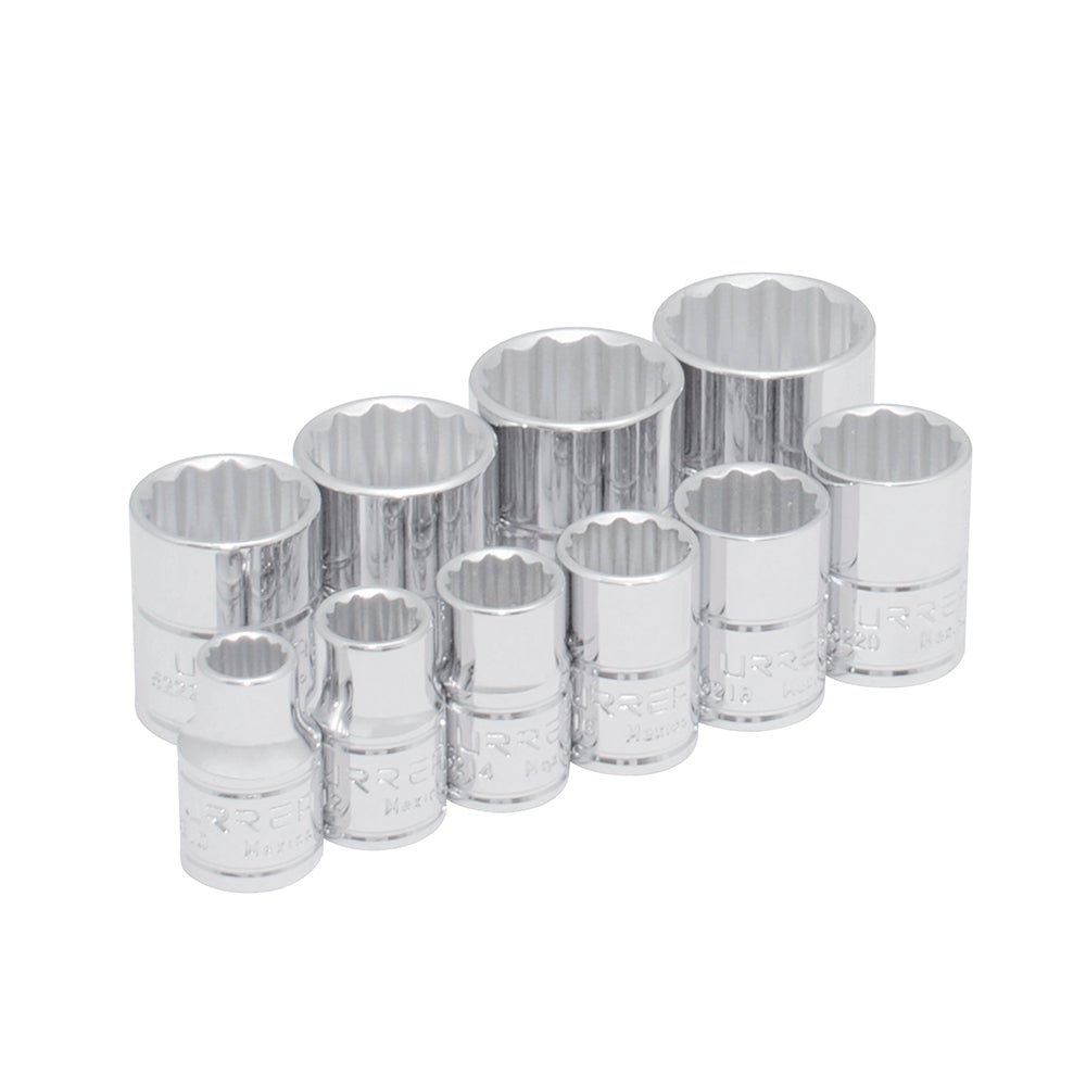 JUEGO DE 10 DADOS EN PULGADAS CUADRO DE 3/8", 12 PUNTAS, EN RIEL URREA