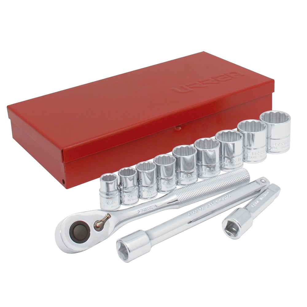 JUEGO DE DADOS Y ACCESORIOS CUADRO DE 3/8" EN PULGADAS, 13 PIEZAS URREA