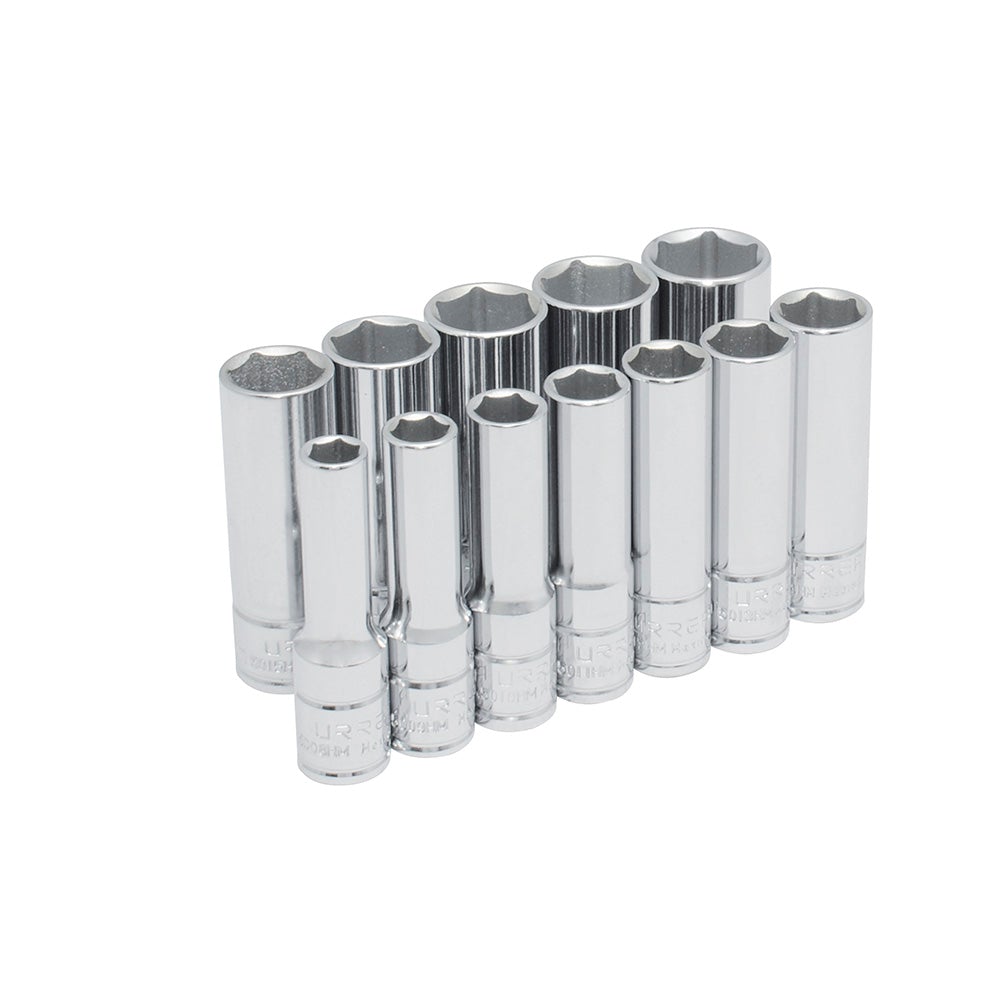 JUEGO DE 12 DADOS LARGOS MÉTRICOS CUADRO DE 3/8", 6 PUNTAS, EN RIEL URREA