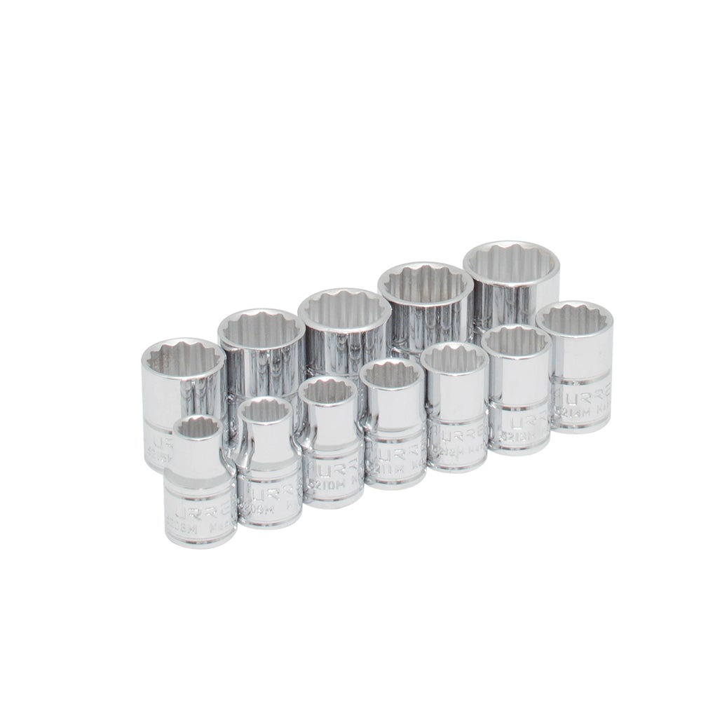 JUEGO DE 12 DADOS MÉTRICOS CUADRO DE 3/8", 12 PUNTAS, EN RIEL URREA