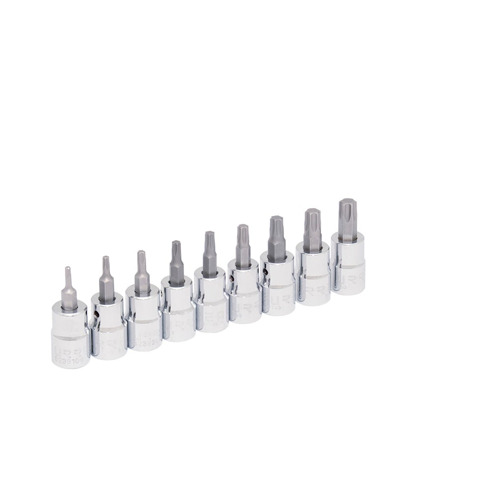 JUEGO DE 9 DADOS CON PUNTA TORX CUADRO DE 3/8", EN RIEL URREA