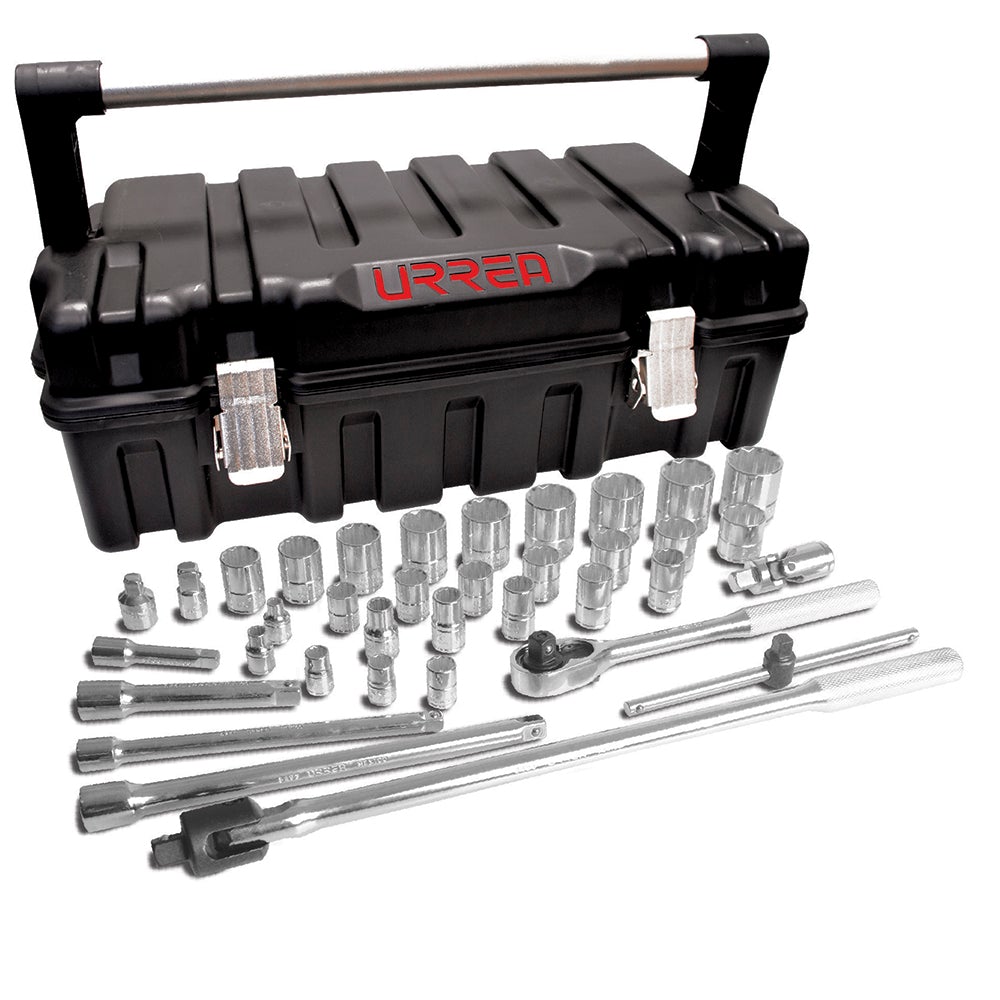 JUEGO DE DADOS Y ACCESORIOS CUADRO DE 3/8" Y 1/2" EN PULGADAS, 37 PIEZAS URREA