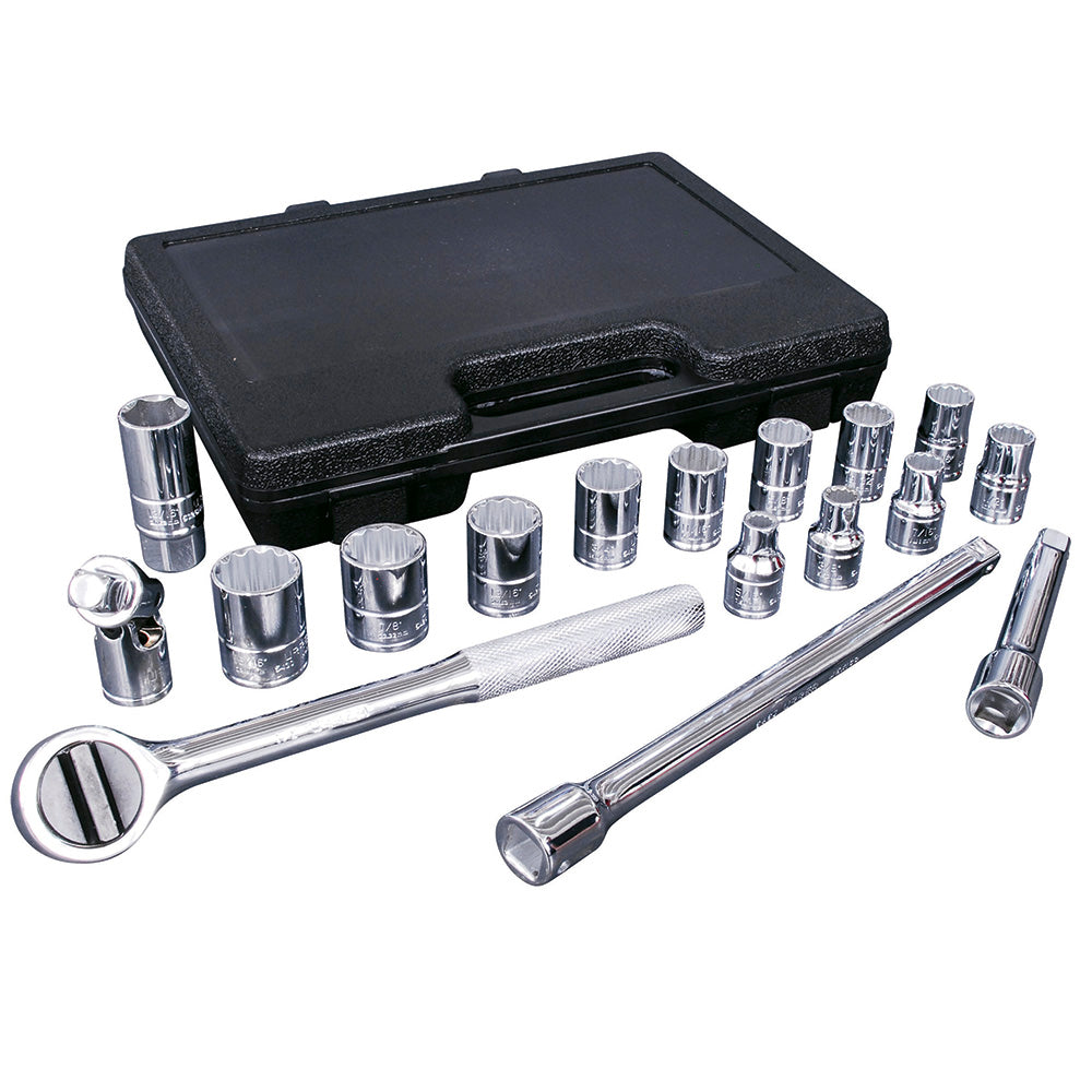 JUEGO DE DADOS Y ACCESORIOS CUADRO DE 1/2" EN PULGADAS, 17 PIEZAS URREA