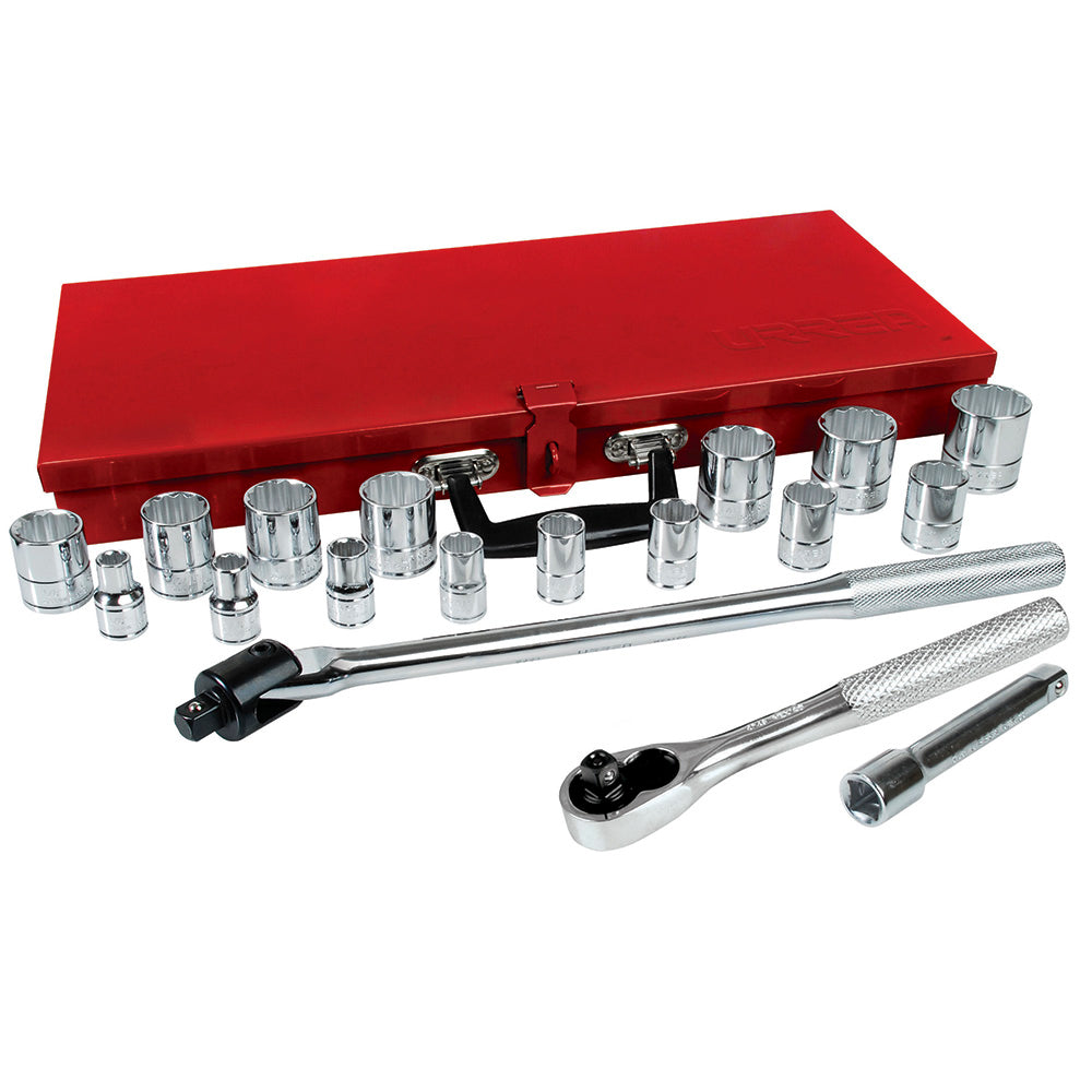 JUEGO DE DADOS Y ACCESORIOS CUADRO DE 1/2" EN PULGADAS, 19 PIEZAS URREA