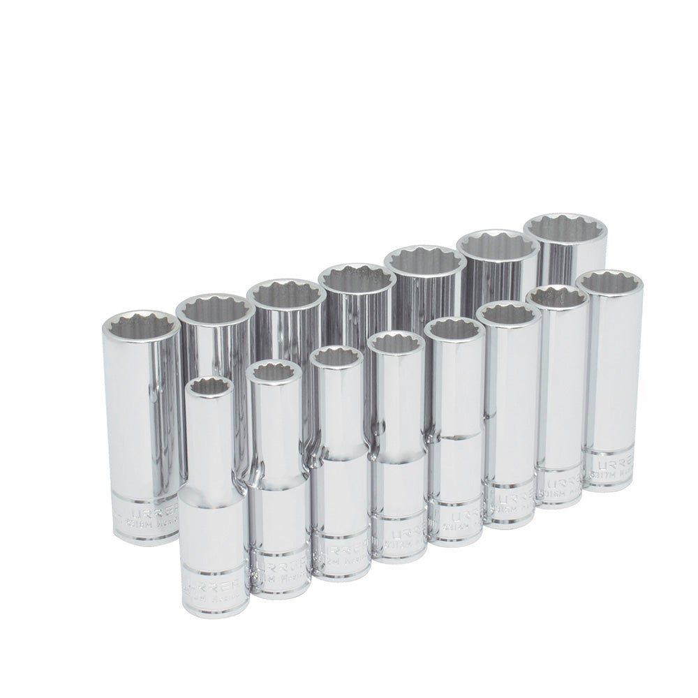 JUEGO DE 15 DADOS LARGOS MÉTRICOS CUADRO DE 1/2", 12 PUNTAS URREA