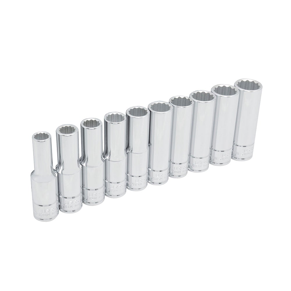 JUEGO DE 10 DADOS LARGOS MÉTRICOS CUADRO DE 1/2", 12 PUNTAS, EN RIEL URREA