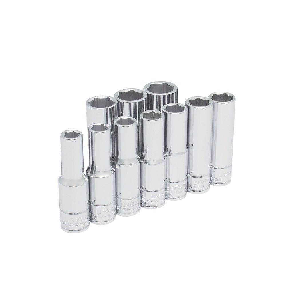 JUEGO DE 10 DADOS LARGOS MÉTRICOS CUADRO DE 1/2", 6 PUNTAS, EN RIEL URREA