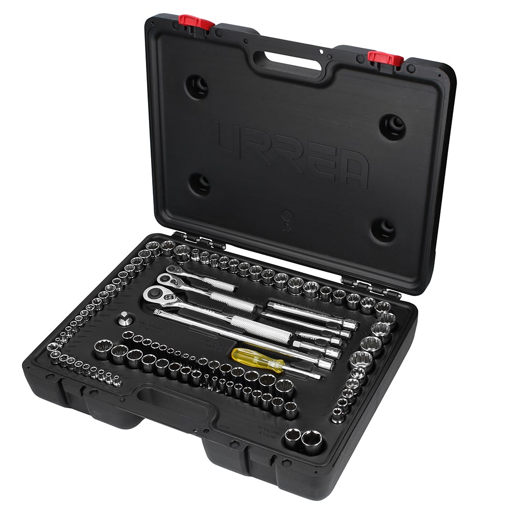 JUEGO DE DADOS Y ACCESORIOS CUADRO DE 1/4", 3/8" Y 1/2" COMBINADO, 99 PIEZAS URREA