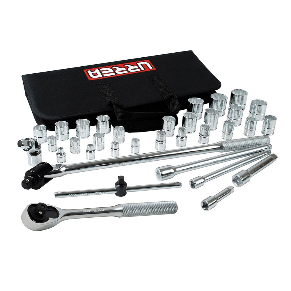 JUEGO DE DADOS Y ACCESORIOS CUADRO DE 3/8" Y 1/2" EN PULGADAS, 35 PIEZAS URREA