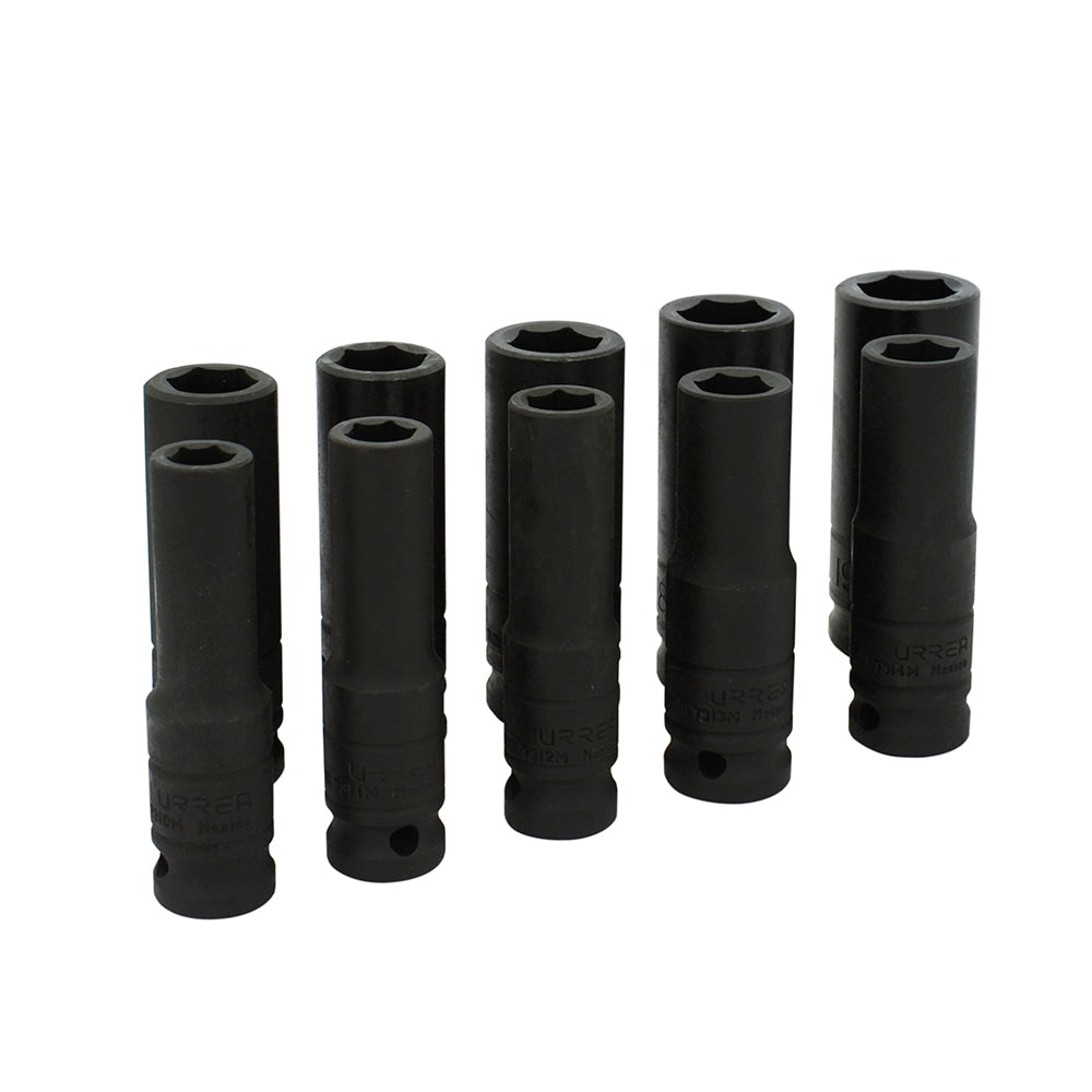 JUEGO DE 10 DADOS LARGOS DE IMPACTO MÉTRICOS CUADRO DE 1/2", 6 PUNTAS URREA