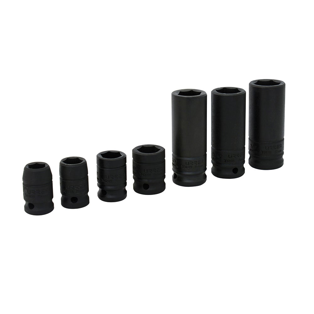 JUEGO DE 7 DADOS DE IMPACTO  COMBINADOS EN PULGADAS CUADRO DE 1/2", 6 PUNTAS URREA
