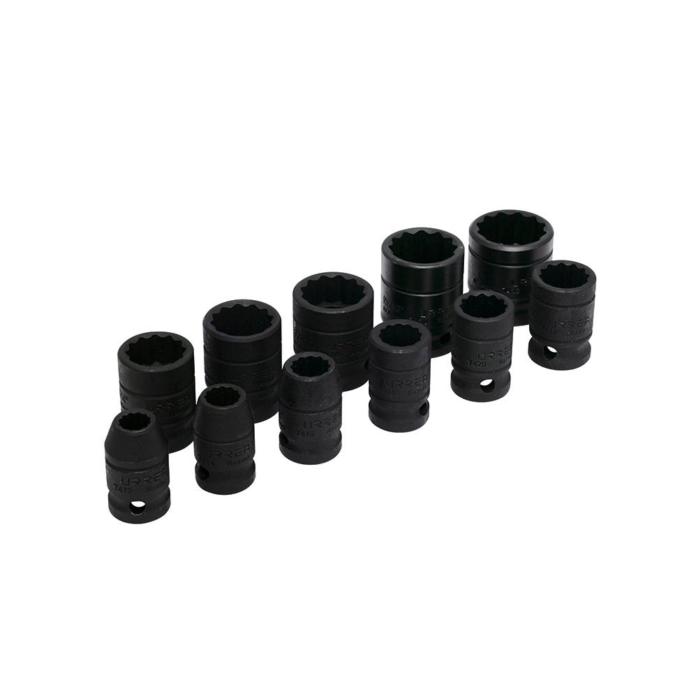 JUEGO DE 11 DADOS DE IMPACTO EN PULGADAS CUADRO DE 1/2", 12 PUNTAS URREA