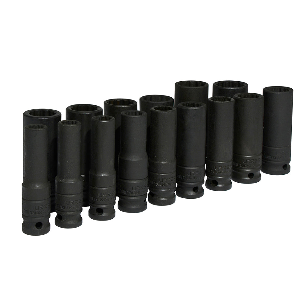 JUEGO DE 15 DADOS LARGOS DE IMPACTO MÉTRICOS CUADRO DE 1/2", 12 PUNTAS URREA