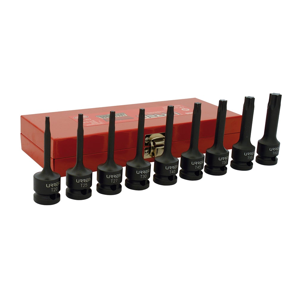 JUEGO DE 9 DADOS DE IMPACTO CON PUNTA TORX CUADRO DE 1/2" URREA