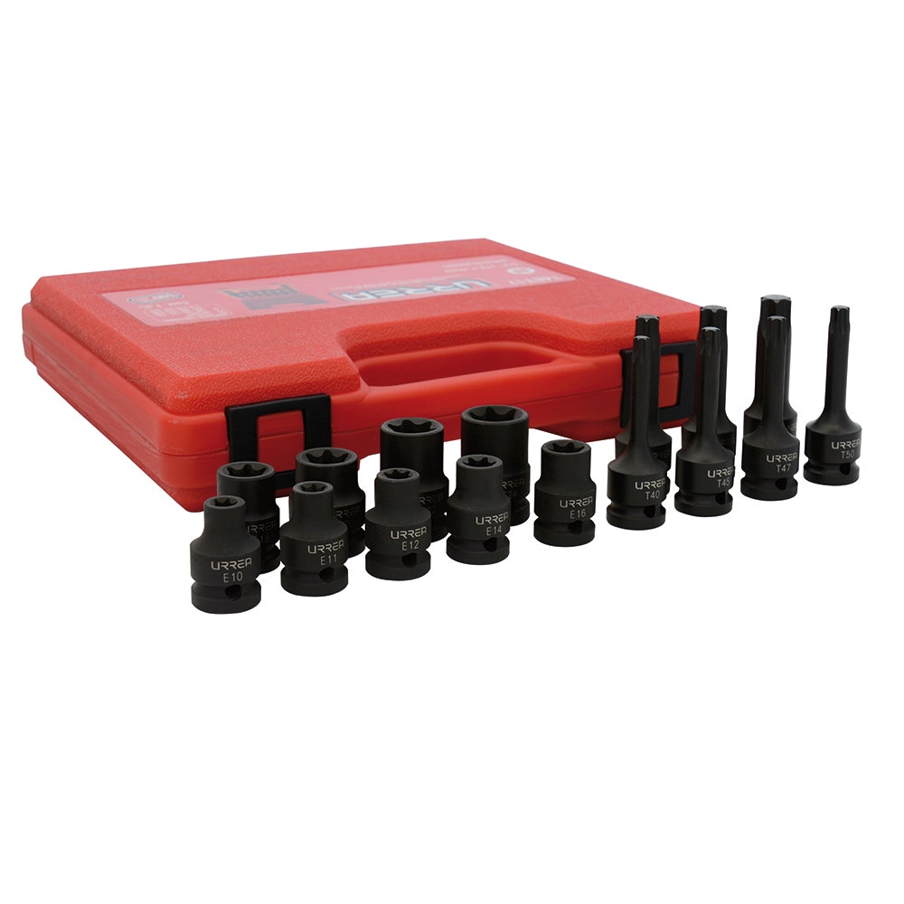 JUEGO DE 16 DADOS DE IMPACTO TORX HEMBRA Y PUNTA TORX CUADRO DE 1/2" URREA