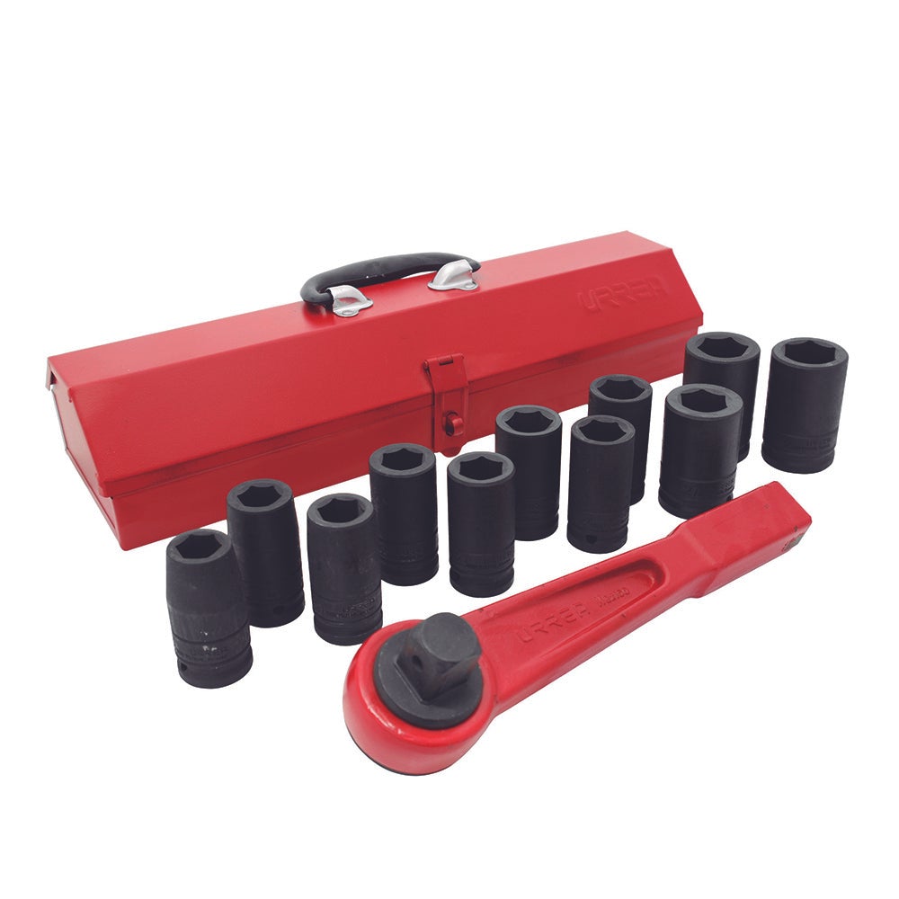 JUEGO DE DADOS LARGOS Y ACCESORIOS DE IMPACTO MÉTRICOS CUADRO DE 3/4", 13 PIEZAS URREA