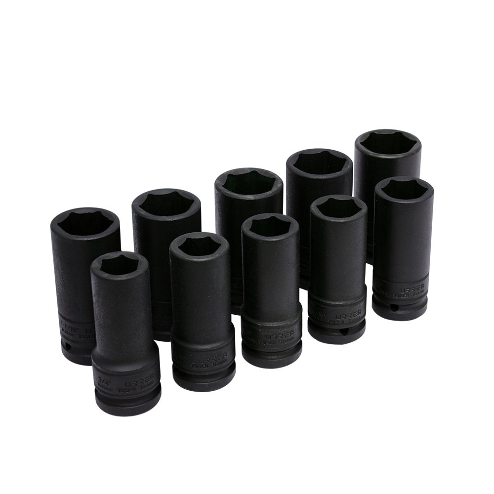 JUEGO DE 10 DADOS LARGOS DE IMPACTO PARED DELGADA EN PULGADAS CUADRO DE 3/4", 6 PUNTAS URREA