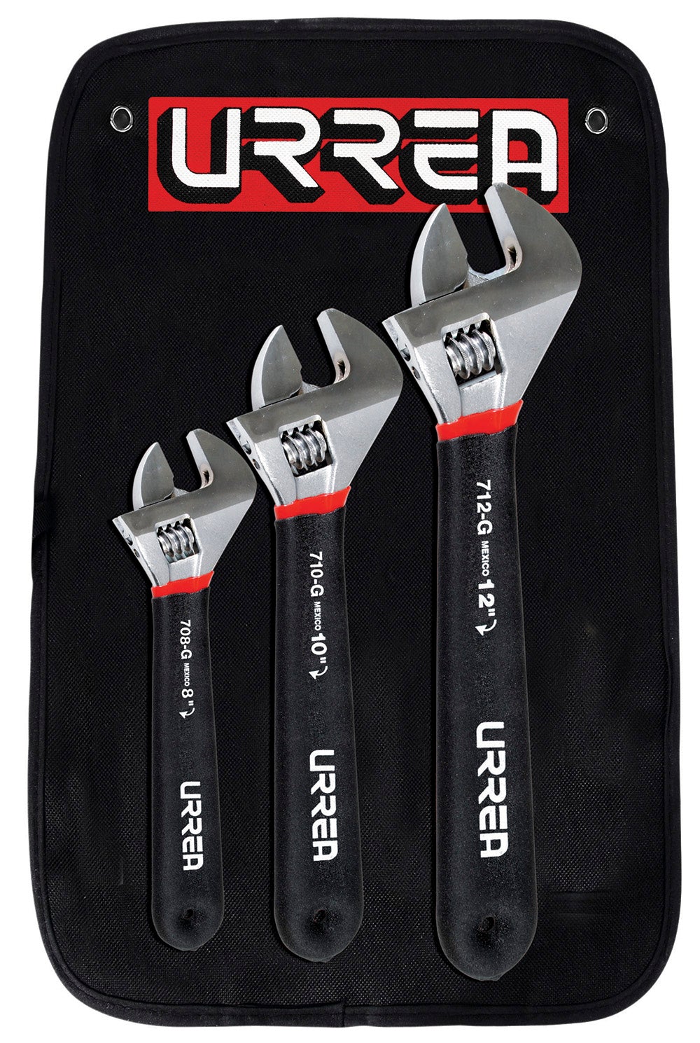 JUEGO DE 3 LLAVES AJUSTABLES CROMADAS CON MANGO RUBBER GRIP URREA