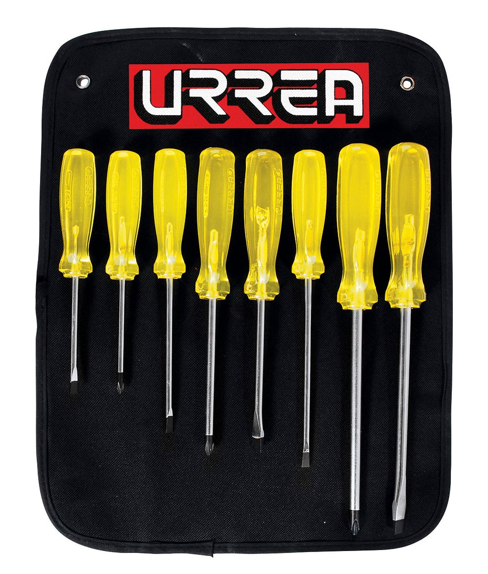 JUEGO DE 8 DESTORNILLADORES CON MANGO ÁMBAR, COMBINADOS URREA