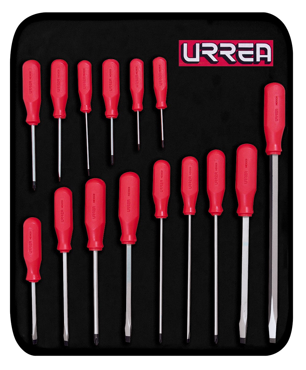 JUEGO DE 15 DESTORNILLADORES CON MANGO ROJO, COMBINADOS URREA