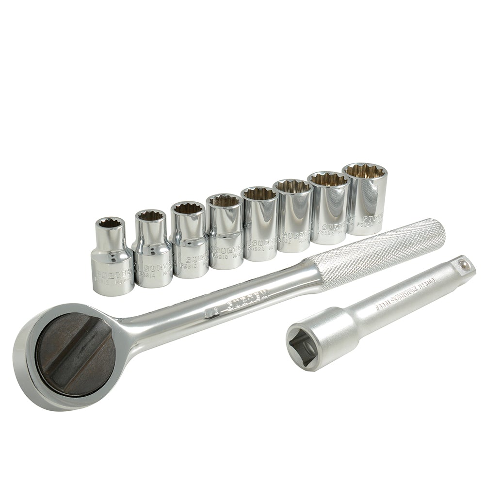 JUEGO DE DADOS Y ACCESORIOS CUADRO DE 1/2" EN PULGADAS, 10 PIEZAS SURTEK