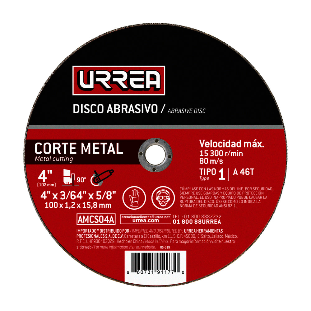 DISCO ABRASIVO TIPO 1 PARA METAL 4" X 3/64" URREA