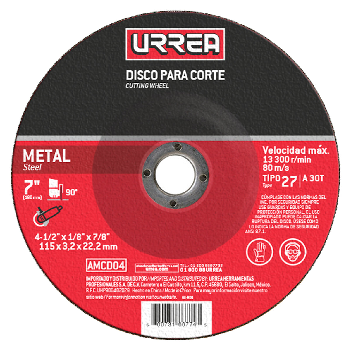 DISCO ABRASIVO TIPO 27 PARA METAL 7" X 1/4" URREA