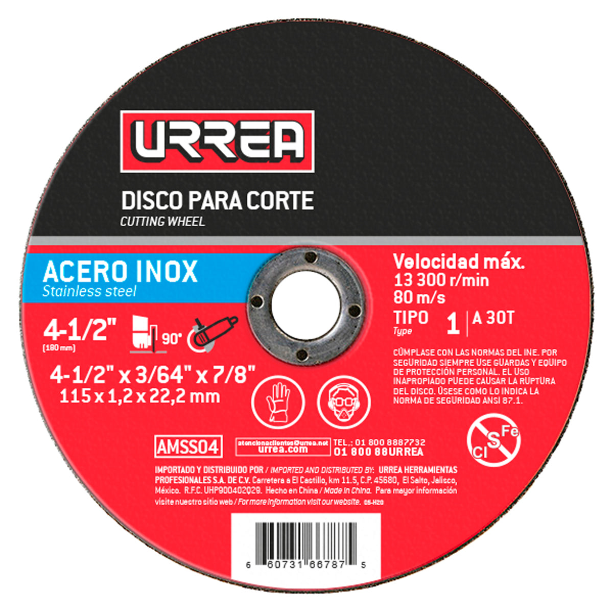 DISCO ABRASIVO TIPO 1 PARA ACERO INOXIDABLE 4-1/2" X 1/16" URREA