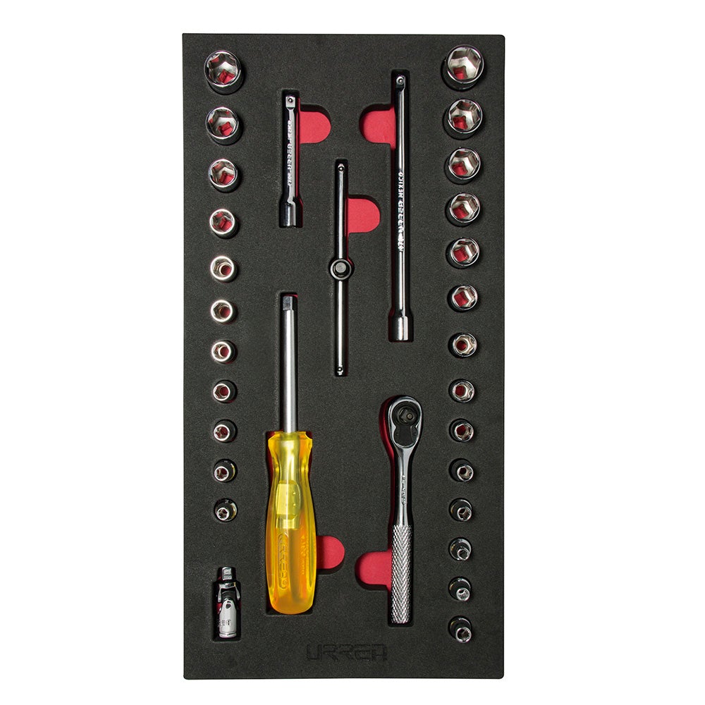 JUEGO DE DADOS CORTOS Y ACCESORIOS CUADRO DE 1/4" COMBINADOS, 31 PIEZAS URREA