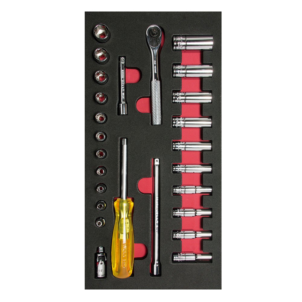 JUEGO DE DADOS CORTOS Y LARGOS Y ACCESORIOS CUADRO DE 1/4" EN PULGADAS, 26 PIEZAS URREA