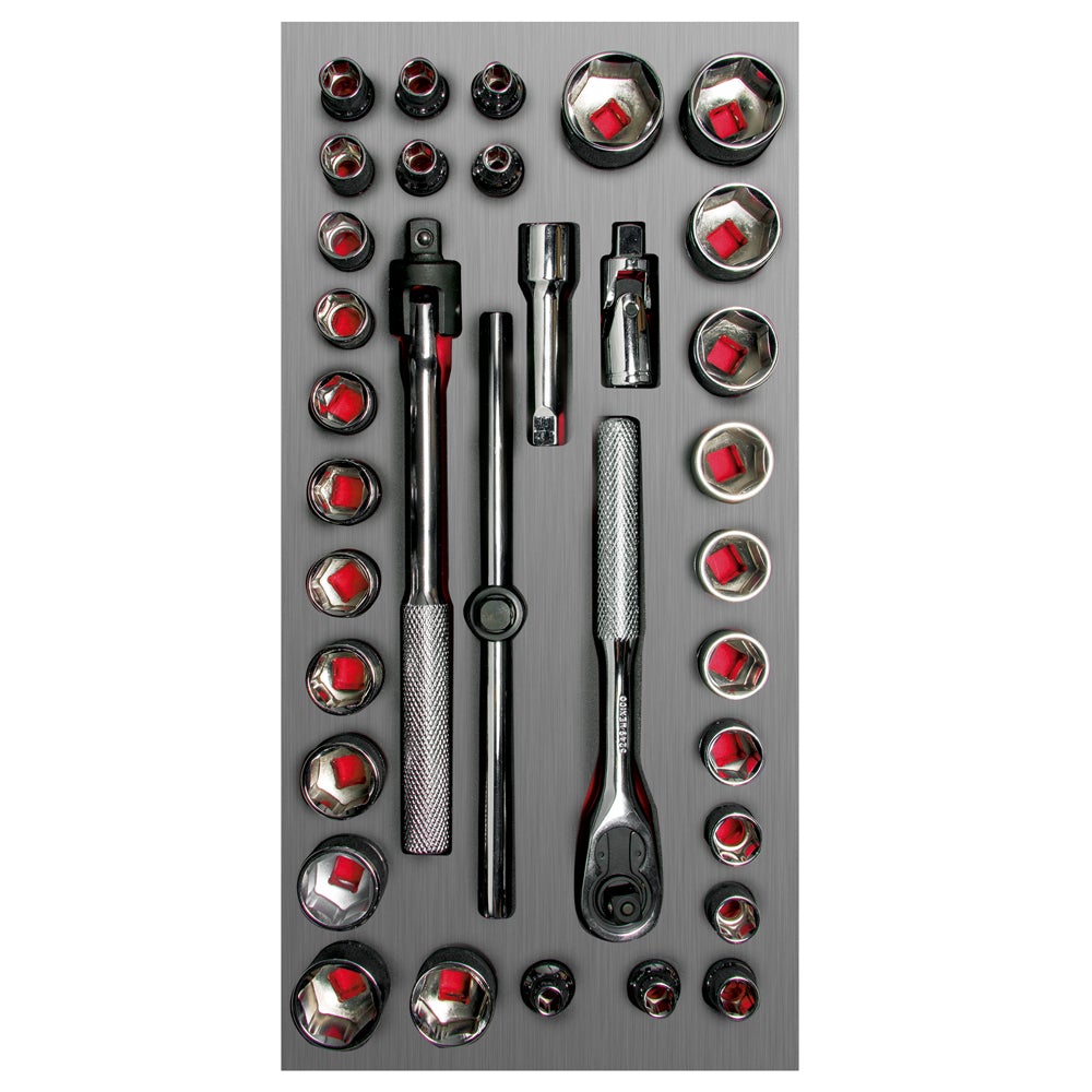 JUEGO DE DADOS CORTOS Y ACCESORIOS CUADRO DE 3/8" COMBINADOS, 34 PIEZAS URREA