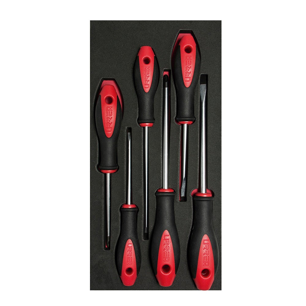 JUEGO DE 6 DESTORNILLADORES BIMATERIAL PUNTA PLANA, PHILLIPS Y CABINET URREA