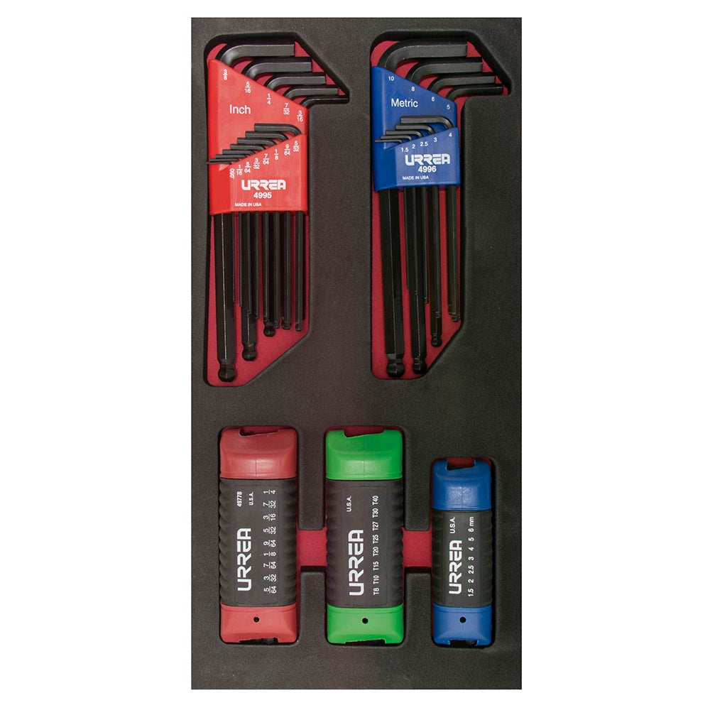 JUEGO DE 46 LLAVES HEXAGONALES Y TIPO NAVAJA EN PULGADAS, MÉTRICAS Y TORX URREA