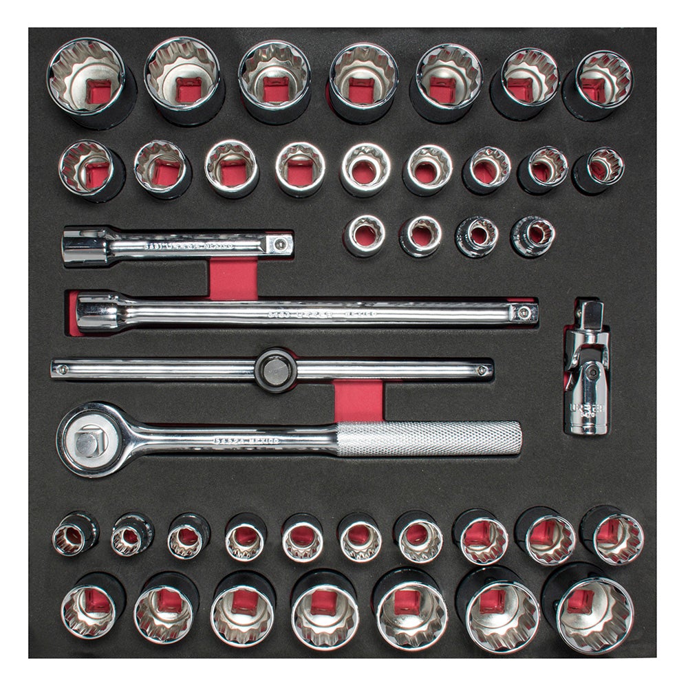 JUEGO DE DADOS CORTOS Y ACCESORIOS CUADRO DE 1/2" COMBINADOS, 42 PIEZAS URREA