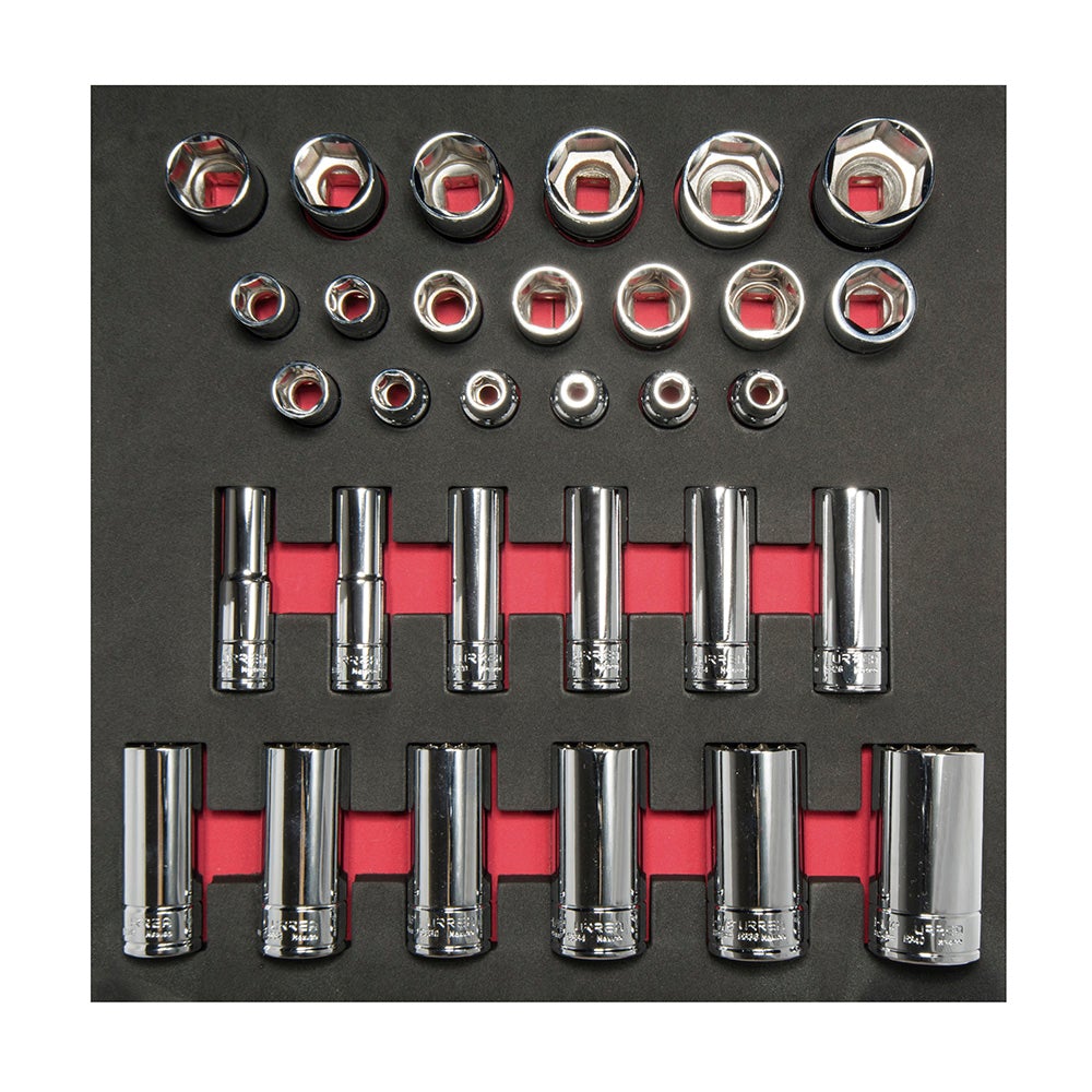 JUEGO DE DADOS CORTOS Y LARGOS CUADRO DE 1/2" EN PULGADAS, 31  PIEZAS URREA